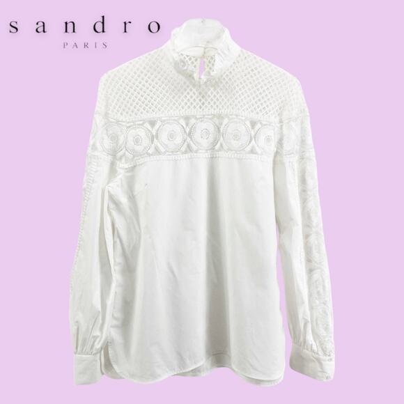 SANDRO White Mock Turtle Neck Long Sleeve Lace Blouse - Picture 2 of 14